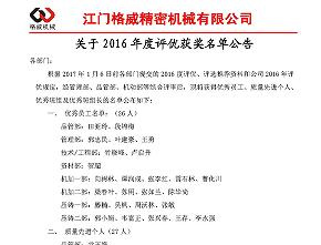 2016年度評優(yōu)獲獎名單出爐咯！